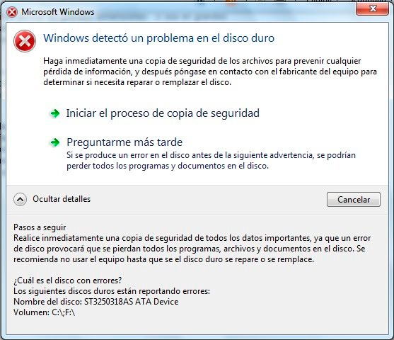 Windows detectó un problema en el disco duro